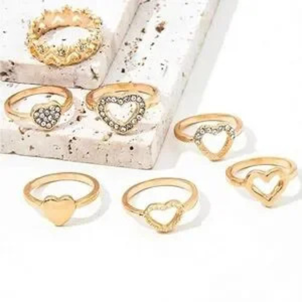 Gold 7pc Crystal Heart Ring Set